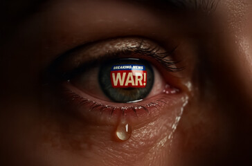 Tearful eye reflecting a breaking news alert with 'WAR!' on the iris, symbolizing emotional impact and fear in times of crisis.