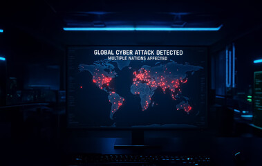 Global command center shows map with red dots lighting up around the world, captioned 'Global Cyber Attack Detected – Multiple Nations Affected', hinting at large-scale breach.