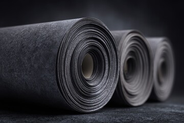 Dark grey rolls of material, likely flooring or roofing