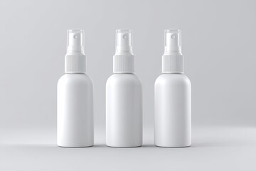 Three blank spray bottles,  perfect for mockup.  Empty,  white cosmetic containers,  ready for branding