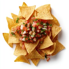 Pile of tortilla chips topped with salsa