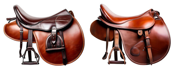 group of brown horse saddle isolated on white background