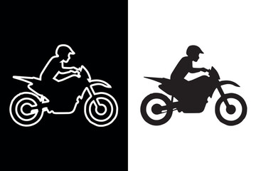 High-quality vector illustration of a motocross or dirt bike and rider in a powerful black silhouette, isolated on Black and white background