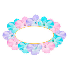 Oval frame made of hydrangea petals and gold thread. Watercolor painting of blue, pink and purple hydrangea petals isolated on a white background.