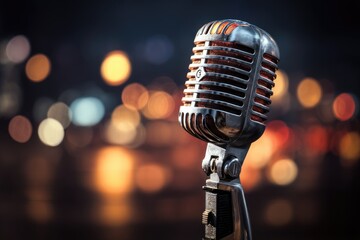 Vintage microphone against a backdrop of city lights