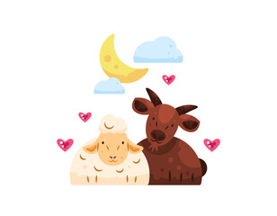 illustration of goat and sheep with happy look. concept of sacrificial animal or qurban. cute and adorable animal characters. flat style design. Eid al-Adha and celebration