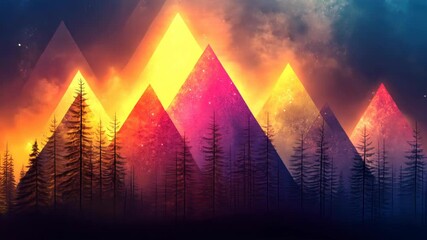 Vibrant sunset over geometric mountains and silhouetted evergreens - Powered by Adobe