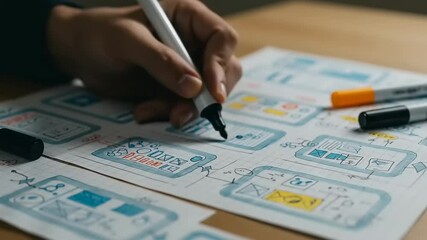 Creative process of designing mobile app interfaces with sketches on paper and markers