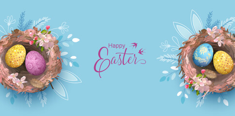Easter banner with nest, painted eggs and spring drawn flowers