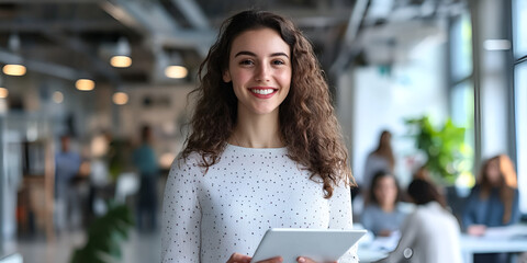 Happy professional woman using tablet at office, Modern businesswoman in workspace, Female employee working with digital device

