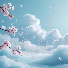 Pastel Blue Sky with Puffy Clouds and Floating Cherry Blossom Petals for Serene Skincare and Wellness Themes