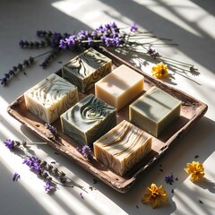 Handmade Natural Soaps Arranged on Weathered Driftwood Tray with Lavender and Dried Flowers in Warm Sunlight