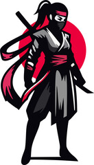 Bold Vector Female Ninja Logo with Red Sun Element
