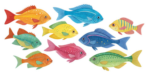 Naklejka premium Colorful Fish Illustration Ten Vibrant Watercolor Fish Isolated on Transparent Background, aquatic, marine life, fish, illustration, watercolor