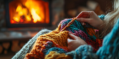 Cozy knitting by fireplace, Handmade knitting project at home, Relaxing winter craft activity


