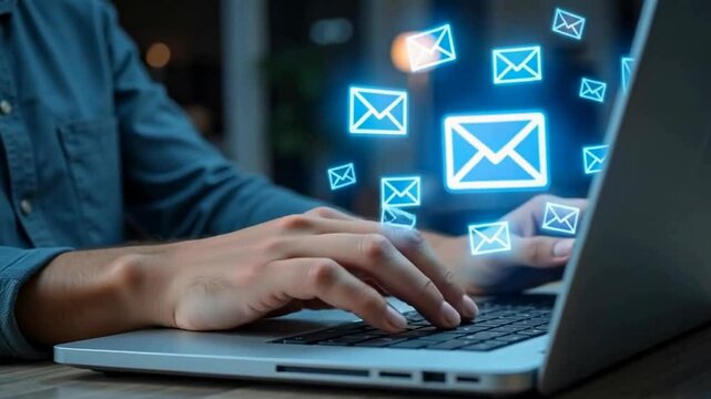 A person's hands are typing on a laptop with animated blue email icons floating above.