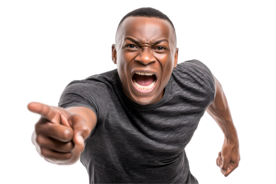 Man Shouting and Pointing Finger with Angry Expression Isolated, Fitness and Running Concept