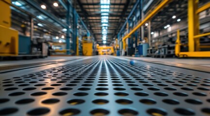 Low-angle view of a factory floor with a metal grate in the foreground, showing industrial machinery and equipment along the far perspective