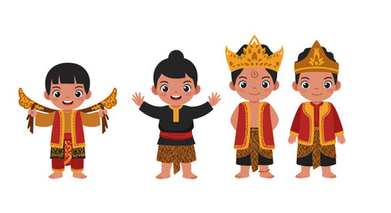 Four Cartoon Boys in Traditional Indonesian Clothing and Headdresses