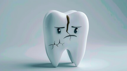 Cracked tooth character with sad expression on neutral background for medical dental concept with free place for text