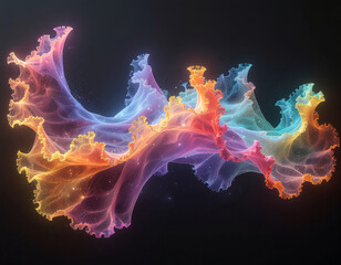 Obraz premium Colorful fractal shapes morphing into artistic forms with floating data particles on dark background, creating vibrant and dynamic abstract digital art scene