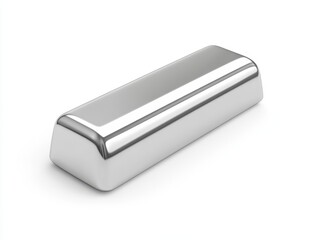 A highly-polished, rectangular silver ingot rests on a white background, reflecting light intensely