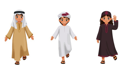 Three children in traditional Middle Eastern clothing standing with open arms