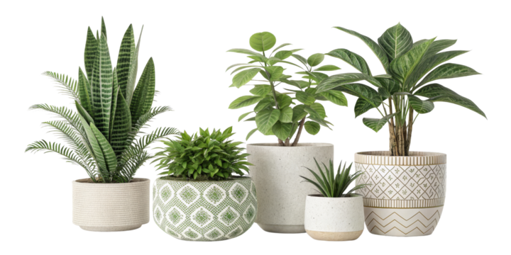 Five potted plants composition, isolated on transparent background, home decor, indoor plants, Houseplants, greenery, botanical