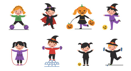 Cartoon Children in Halloween Costumes Exercising and Playing Games
