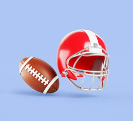 American football gridiron ball and helmet for head safety. Rugby soccer protection helm with carbon steel facemask render. Sport league and super bowl championship game element set. 3D illustration