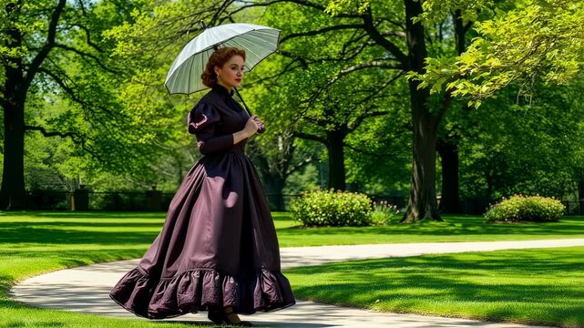 Elegant lady in vintage dress walking in lush green park with parasol