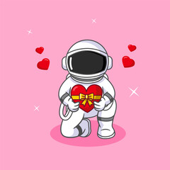 Cute Astronaut Kneeling Holding Heart-Shaped Gift Vector Illustration Cartoon Design