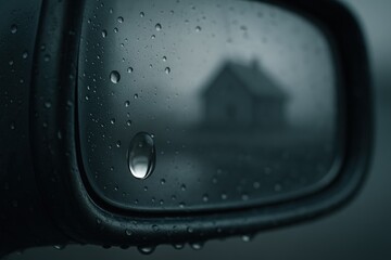 Raindrop reflection on car mirror capturing mysterious house scene
