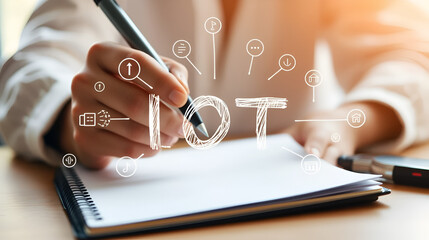 IOT drawing over writing hands in notepad background. Concept of smart home. Multi exposure