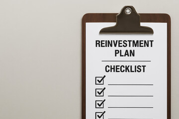 Obraz premium Reinvest checklist on clipboard for plan and strategy in business office with blank space