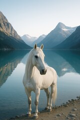 Majestic horse standing by tranquil lakeside with mountain backdrop