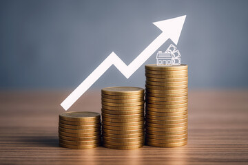 Reinvest profit growth concept with stacked coin and upward arrow showing financial success