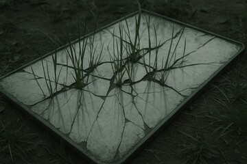 Broken mirror reflections with grass growing through cracks