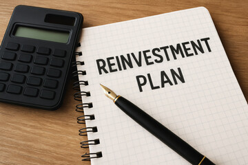 Reinvest plan concept with notebook pen and calculator on desk for financial planning