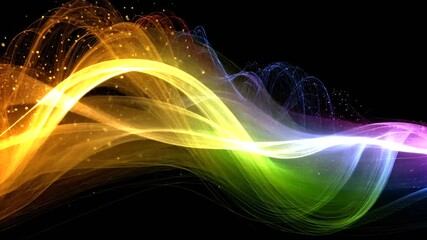 Abstract, flowing ribbons of rainbow color and glitter dance across a black background - Powered by Adobe
