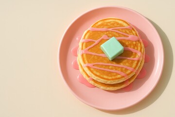 Retro pancakes delight with pink drizzle on pastel plate in simple composition