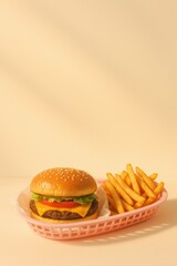 Retro burger delight with fries on pink tray in minimalist setting