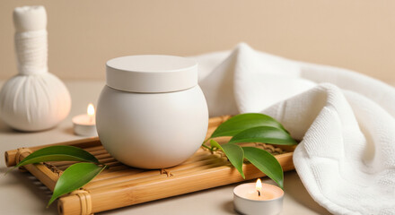 A round matte jar with no label, sitting on a bamboo tray with green leaves, white towel, and soft candlelight