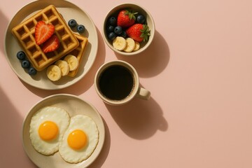 Retro breakfast delight with eggs, waffles, and fresh fruits perfect for kitchen decoration