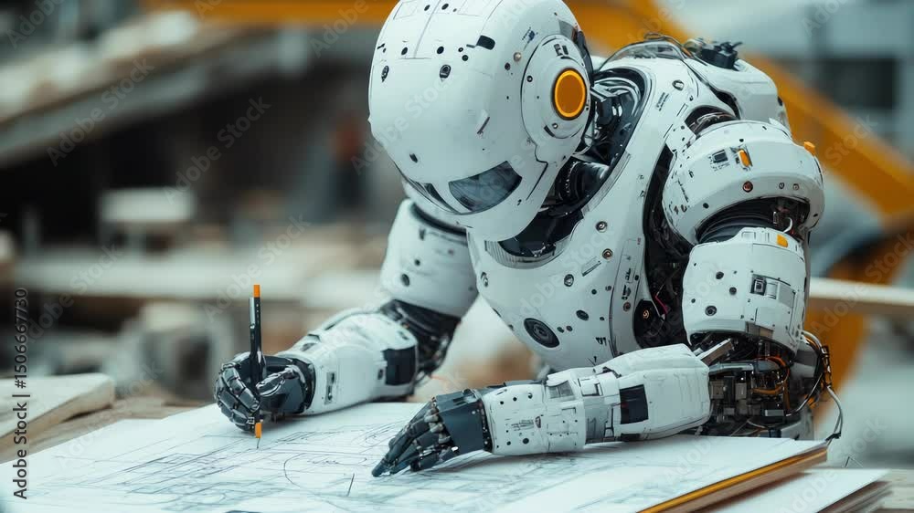 Poster advanced futuristic robot working on architectural blueprints at a construction site, demonstrating 