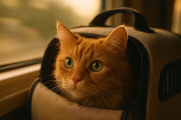 Curious ginger cat peeking from a carrier bag by the window