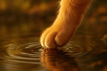 Tranquil moment of cat paw touching water ripples in warm light