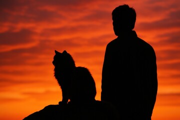 Silhouette of cat and person at sunset for tranquil evening scene concept