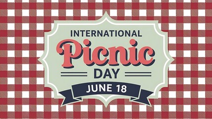 International picnic day greeting card design with red gingham background and decorative elements