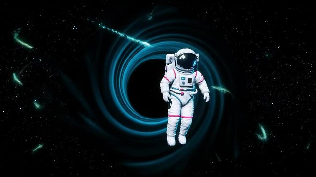 Pixelated Astronaut in the space with blackhole and meteorite.